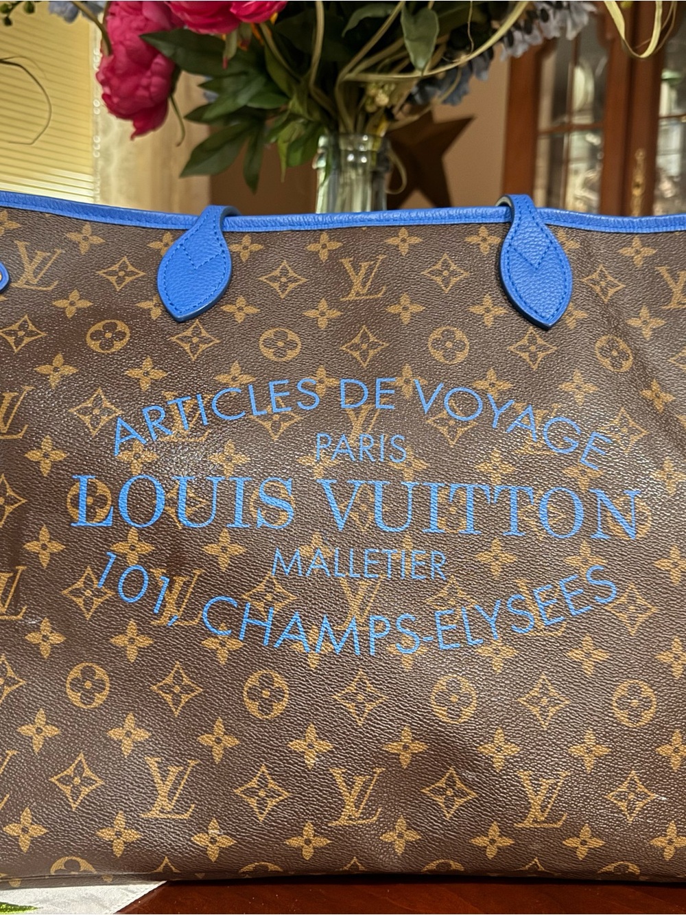 Louis Vuitton GM Neverfull limited Edition Tote with Blue Trim and Lettering